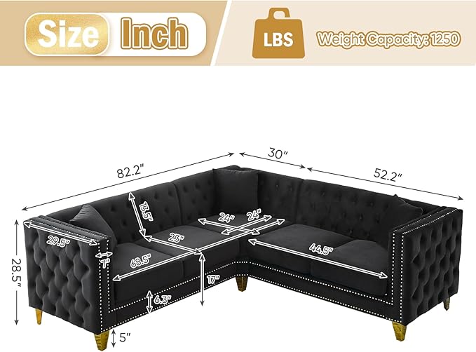 Velvet L Shaped Sofa Couch Upholstered Sectional Couch with Tufted Back and Rivet Decoration Modern 5 Seater Corner Sofa with Golden Tapered Legs and 3 Pillows Comfy Couches for Living Room Black