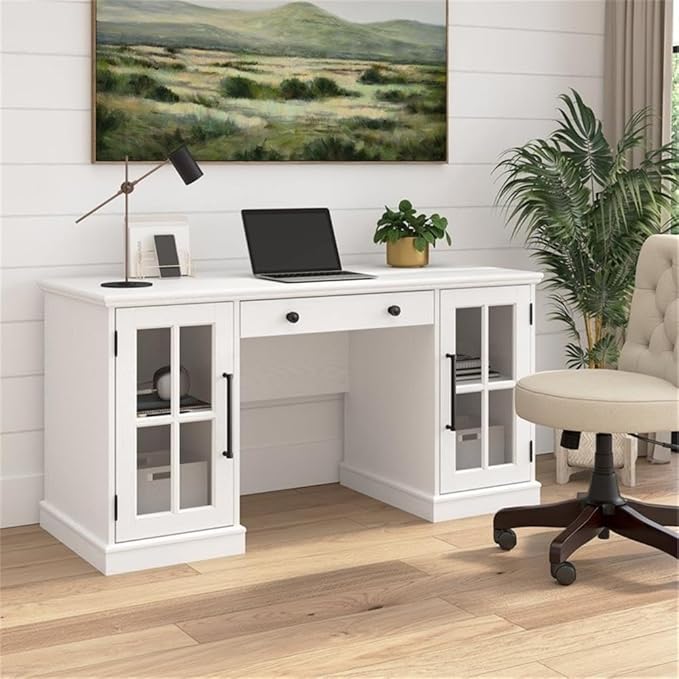 BOWERY HILL 60W Computer Desk Engineered Wood White Finish Keyboard Tray Storage Cabinets with Adjustable Shelves Farmhouse Style Home Office Desk with Matte Black Handles Durable Design for