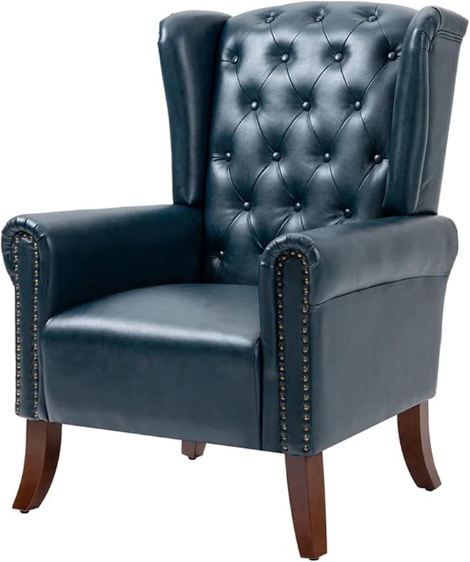 Faux Leather Accent Chair Mid-Century Armchair Upholstered Club Sofa Chair with Wooden Legs High Back Living Room Chair for Bedroom Office Lounge (Blue)