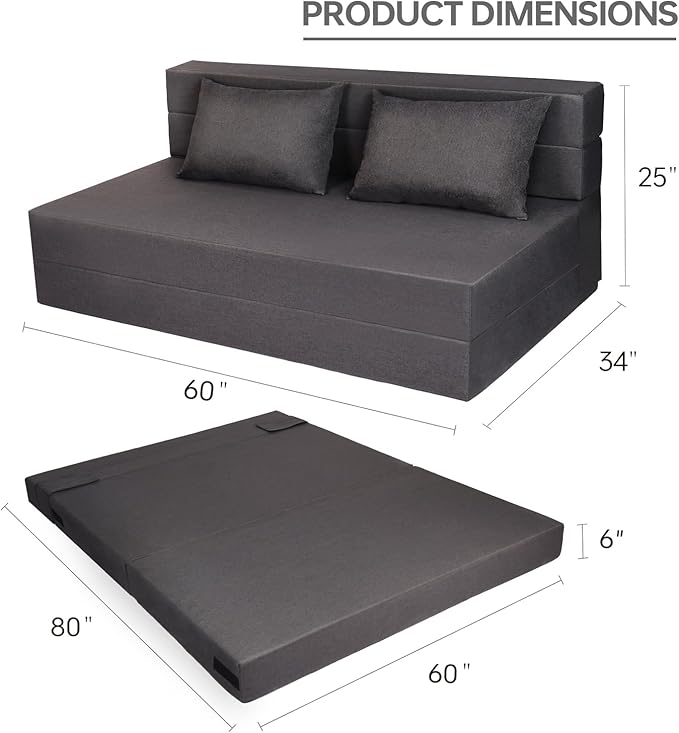 Folding Sofa Bed Foldable Bed Sleeper Chair with Pillow Convertible Sofa Bed with Washable Cover Fold Out CouchFuton Couch for Living Room Dorm Guest Room Queen Size Dark Grey