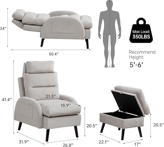 Accent Chair with Ottoman Comfy Reading Chair with Ottoman Set Modern Oversized Velvet Lounge Armchair with Adjustable Backrest for Living Room Bedroom (Grey)