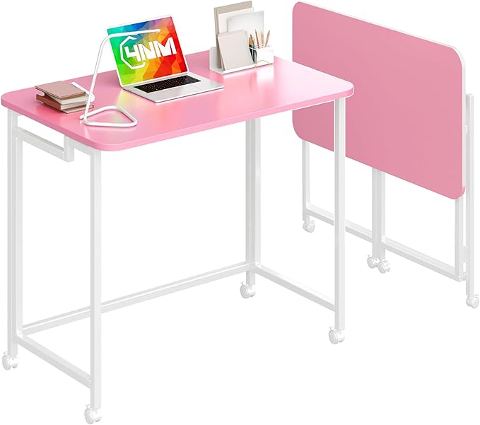 4NM 27.5 Mobile Small Rolling Computer Desk Folding Laptop Cart Table with Wheels Portable Office Desk for Small Space Couch Bed - Pink and White
