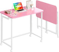 4NM 27.5 Mobile Small Rolling Computer Desk Folding Laptop Cart Table with Wheels Portable Office Desk for Small Space Couch Bed - Pink and White
