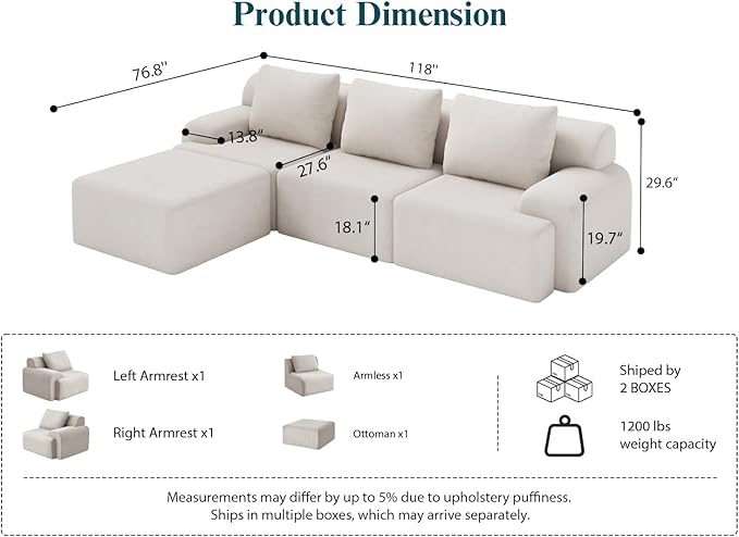 118 Boneless Couches for Living Room L-Shaped Deep Seat Cloud Couch 4 Seater Modular Sectional Sofa Plush Corduroy Convertible Oversized Couches No Assembly Required Beige