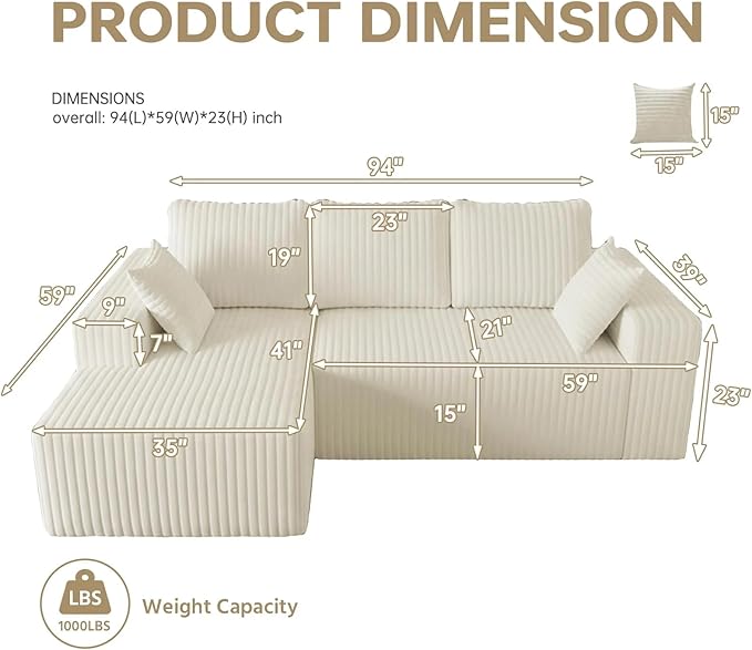 94 Modular Sectional Sofa Boneless Couches for Living Room L-Shape Sofa CouchesCloud Couch Sectional Comfy Corduroy Sofa with Deep Seat No Assembly Required (White 94+Left Facing Chaise)