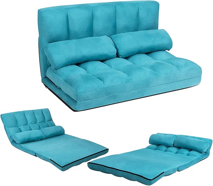 KOMFOTT Adjustable Floor Sofa Bed Foldable Lazy Sofa Sleeper with 6 Position Backrest &amp 2 Pillows Convertible Futon Couch with Suede Cloth Cover Lounge Recliner for Living Room