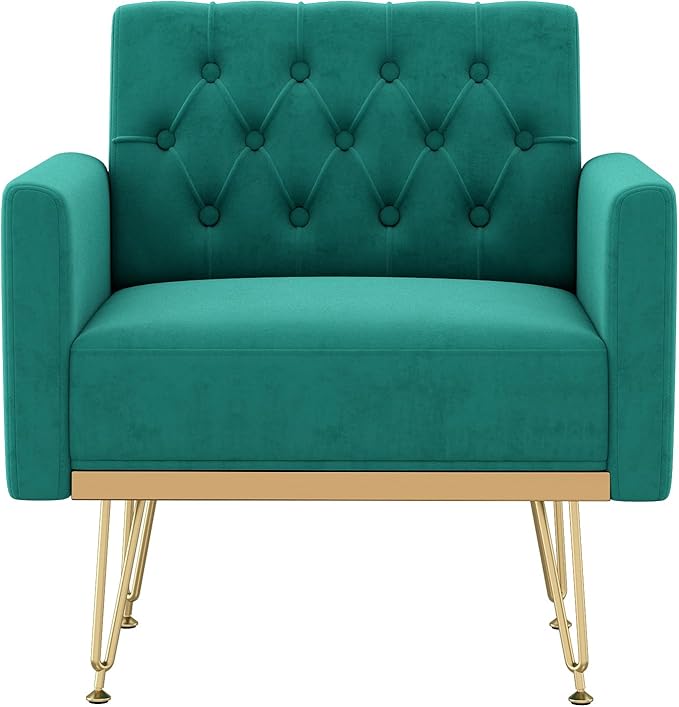 Accent Chair for Living Room Comfy Oversized Velvet Upholstered Arm Chairs Mid Century Modern Reading Single Sofa Side Chair with Tufted Back and Gold Legs for Bedroom (2 Green)