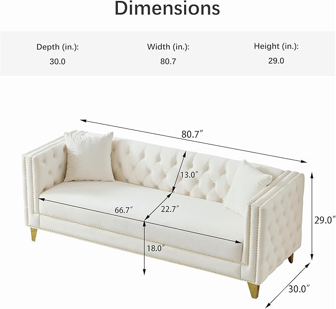 DEINPPA 2 Piece Chesterfield Couch Sets Velvet 3 Seater Sofa Set with Throw Pillows Comfy Couch with Nailhead Trim and Metal Legs for Living Room/Apartment/Office-Beige