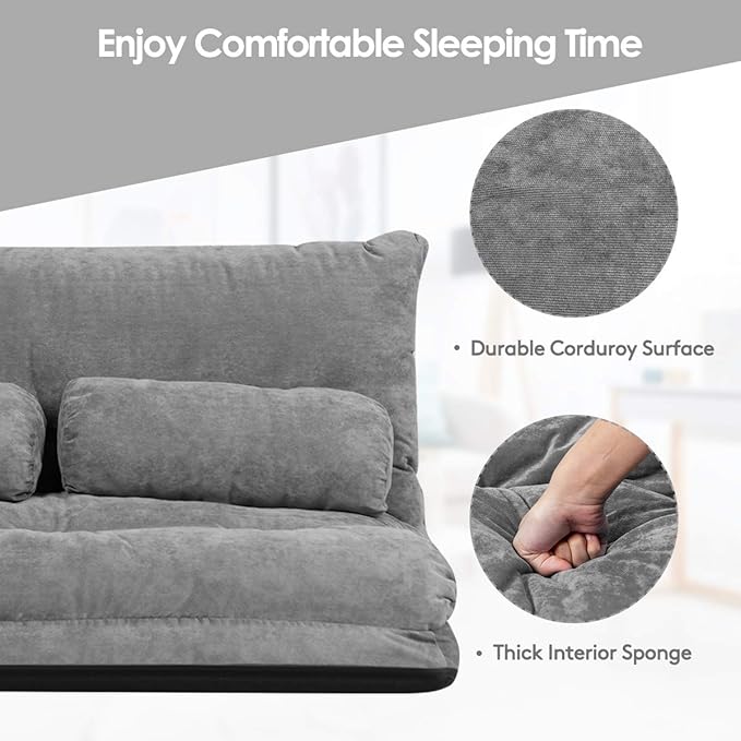 Giantex Adjustable Floor Sofa Couch with 2 Pillows Multi-Functional 6-Position Foldable Lazy Sofa Sleeper Bed Multi-Functional Suede Floor Seating Sofa for Reading Gaming (Gray)