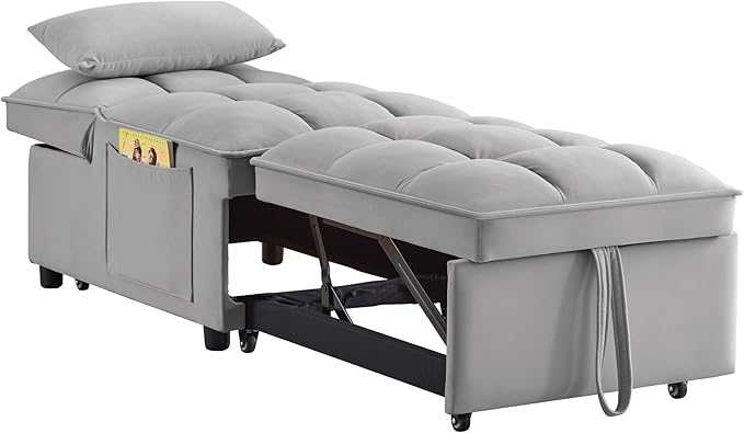 4 in 1 Multi-Function Single Sofa Bed Pull Out Couch with Adjust Backrest Tufted Single Pull-Out Sofa Bed with Storage Pockets and 2 Pillows Velvet Chaise Lounge for Bedroom Living Room (Gray)