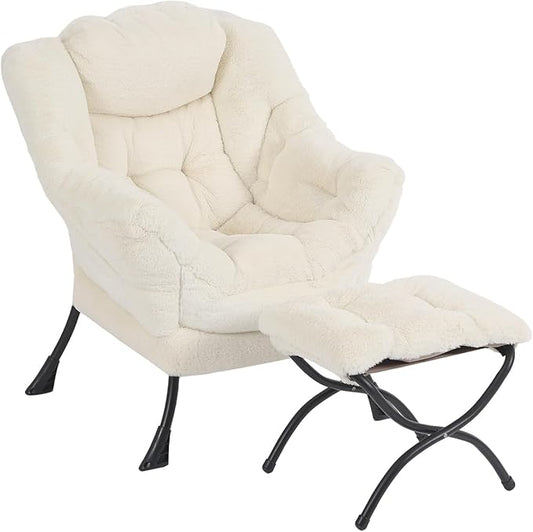 Lazy Chair with Ottoman Modern Accent Chair with Armrests and a Side Pocket Plush Beige Accent Chairs Reading Chairs Oversized Armchairs for Bedroom Study Living Room Courtyard