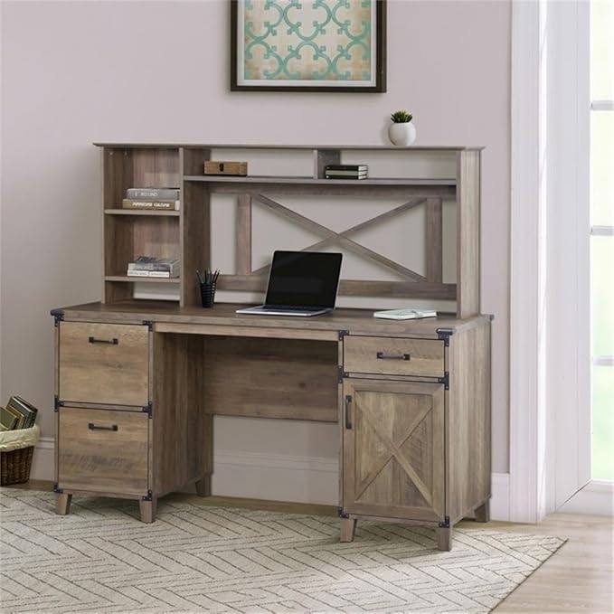 Pemberly Row Farmhouse Engineered Wood Executive Desk Rustic Oak Finish 59.4 W x 23.8 D x 29.7 H Spacious Storage with File Drawers Accessory Drawer Cabinet Home Office Furniture
