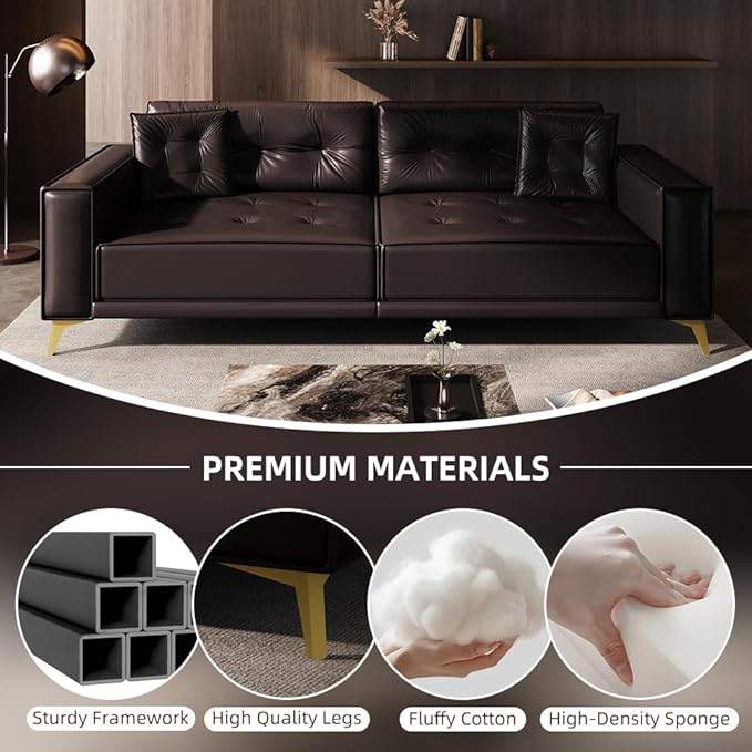 KEIKI 92.1 King Size Pull Out Sofa Bed 3-in-1 Faux Leather Convertible Sleeper Clouch with 2 Pillows 4-Seater Sofa Bed for Living Room Apartment Office Dark Brown
