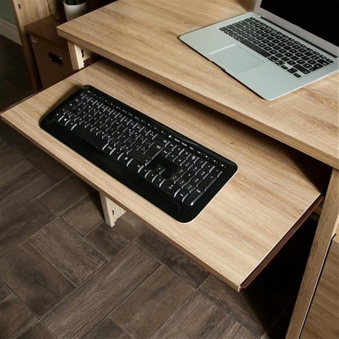 BOWERY HILL 2-Drawer Wood Computer Desk Rustic Oak Finish 47.5 in Wide 30.625 in High Antique Bronze Pewter Handles Keyboard Tray File Storage Country Style Home Office Desk