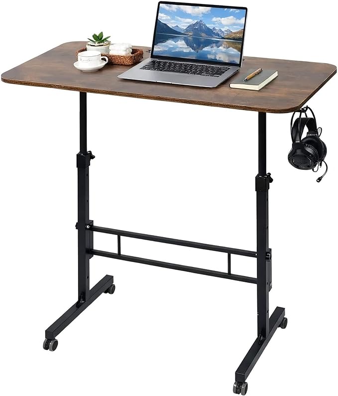Adjustable Standing Desk with Wheels Portable Rolling Walking Pad Desk Small Laptop Table for Home Office Sit Stand Up Workstation Size 15.7x31.5 Rustic Desk