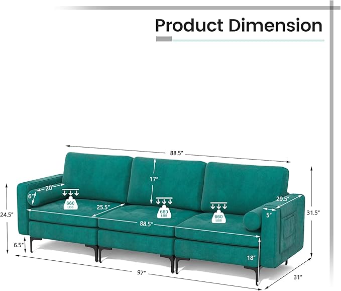 Giantex 97 Sectional Sofa Couch 3-Seater Modular Sleeper with 5 Thick Cushion Bolsters Armrest Magazine Pocket Metal Legs Modern Apartment Family Living Room Reception Bedroom Office