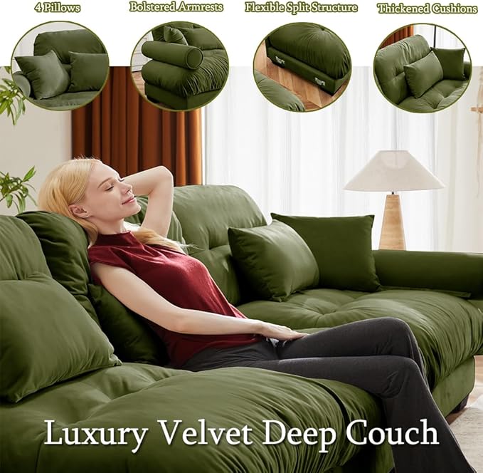 Luxury Loveseat Sofa CouchOversized Love seat Sofas with Waist Pillows and Throw PillowsComfy Velvet Deep 2-Seat Cloud Couch with Bolstered ArmrestsComfy Cloud Couches