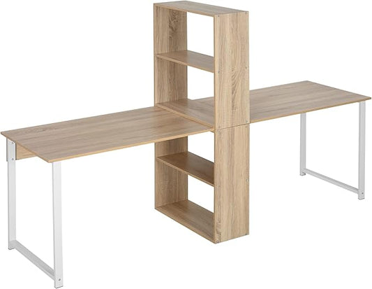 88 Extra Long 2-Person Computer Desk with Storage Shelves Combo Double Workstation Storage Study Writing Table for Home Office Bookshelf Natural Wood Color