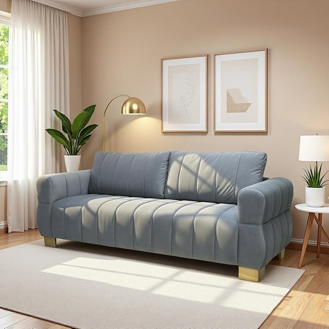 KEIKI 87 Oversized Velvet Cloud Comfy Sofa with Vertical Striped Backrest Cushion Upholstered 3-Seater Fluffy with Golden Metal Legs Easy Assembly for Office Apartment Living Room Grey