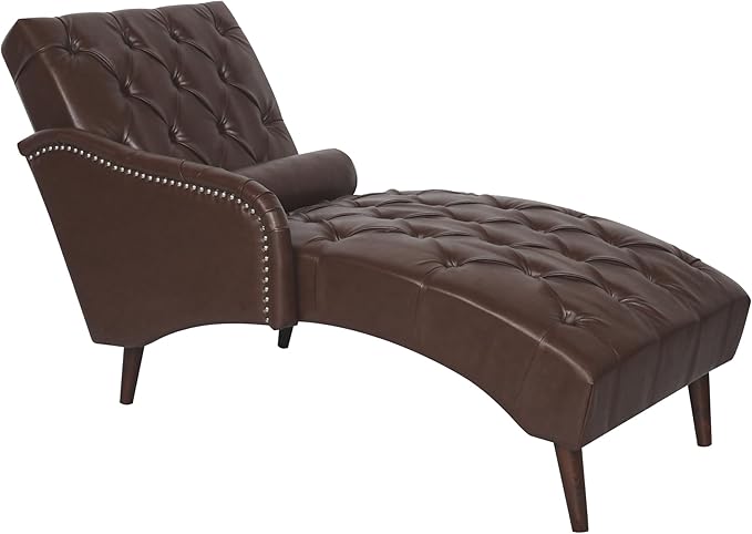 Luxury Indoor Recliner Chair with Pillow &amp Wooden Legs - Tufted Back &amp Arms PU Leather Lounge Chair for Living Room/Bedroom (Dark Brown)