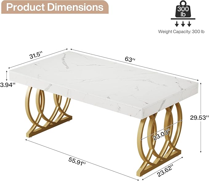 Tribesigns 63-Inch Executive Desk Modern Office Computer Desk with Stylish Gold Legs Rectangular Workstation for Home Office Small Conference Table for Meeting Room (White &amp Gold)