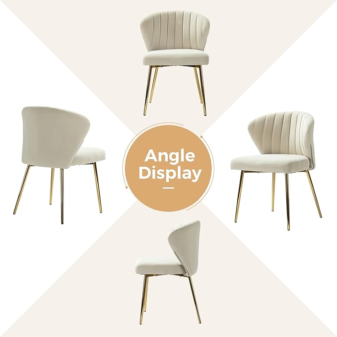 HULALA HOME Dining Chairs Set of 2 Velvet Upholstered Kitchen &amp Dining Room Chairs with Metal Legs Vanity Chair Armless Side Chairs for Living Room Bedroom Restaurant Channel Curved Backrest Tan