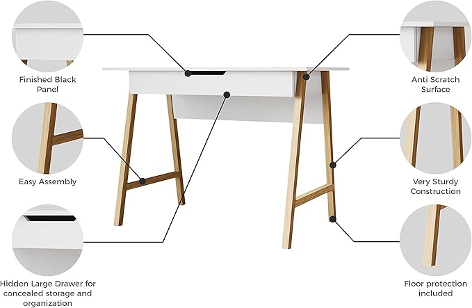 Modern Design Parma Small Desk for Bedroom White Writing Desk 42 Inch with Drawer by Crafts and Comfort