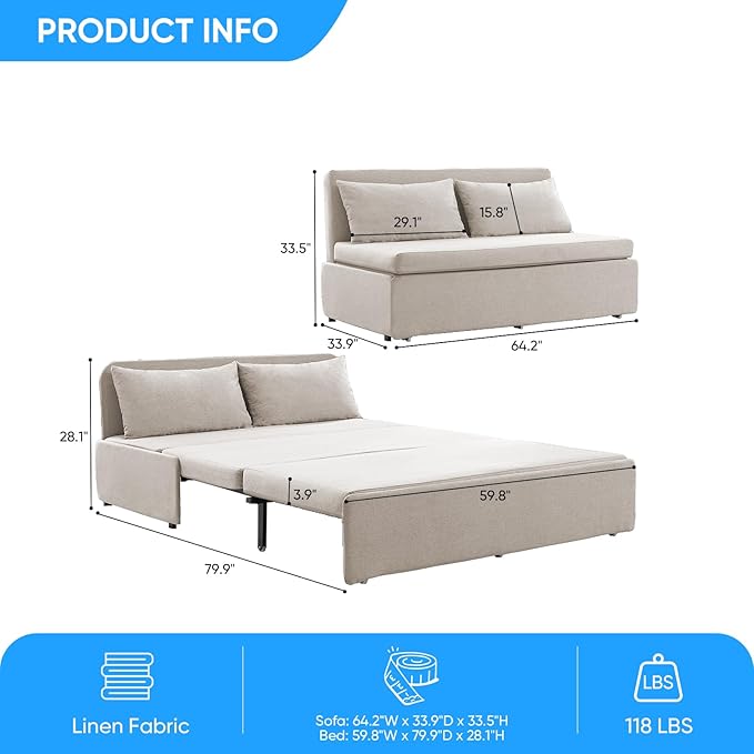 Mjkone 62 Width Pull Out Sleeper Sofa Bed Queen Size 2-in-1 Modern Convertible Linen Sofa Sleeper Pull Out Couch Bed with Cushions &amp Throw Pillows for Living Room Home Office Small Place Beige