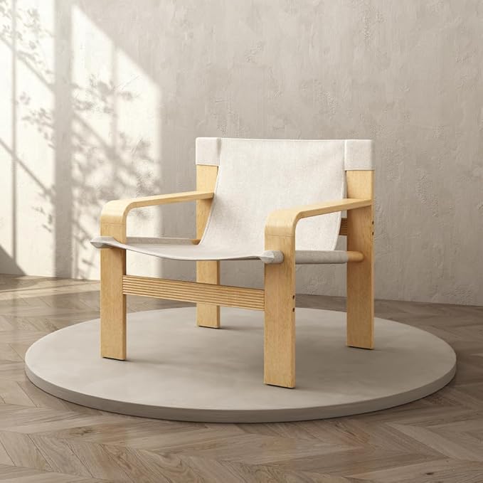 Detachable and Washable Oak Accent Chair Wide Armrest Mid-Century Lounge Chair Linen Fabric Armchair &amp Solid Wood Frame for Living Room Bedroom Balcony (White) (White + Wood+Fabric + Oak)