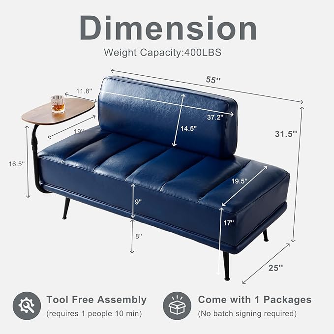 55 Faux Leather Upholstered Sofa Entryway Ottoman Modern End of Bed Bench with Side Table 360-degree Swivel Tray Couch Window Bench with Metal Legs for Bedroom Living Room (Blue)