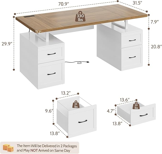Farmhouse Desk with Drawers &amp Power Outlet White Home Office Desk with Adjustable File Organizer 71 Executive Desk with Storage Computer Desk with Privacy Panel