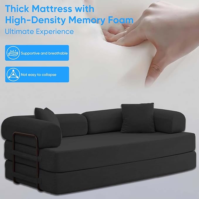 Mjkone 78.7 W Convertible Folding Mattress Couch with Armrest Corduroy Floor Sofa Bed with Metal Fixed-Shape Frame 5-in-1 DIY Futon Lazy Sofa Cama Lounge Couch for Living Room Bedroom Studio Grey