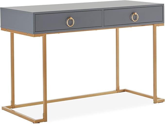 BELLEZE Modern 45 Inch Makeup Vanity Dressing Table or Home Office Computer Laptop Writing Desk with Two Storage Drawers Wood Top and Gold Metal Frame - Chelsea (Gray)