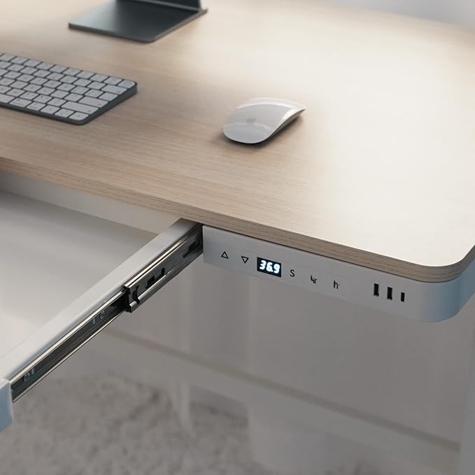 Laura Davidson Furniture Liberty Adjustable Electric Standing Desk Stand Up Desk and Sit Desk with Memory Presets and Drawer Home Office Desk Computer Desk (White with Oak Top)