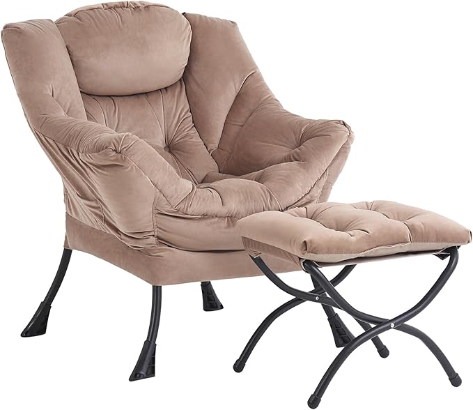 Lazy Chair and Ottoman Large Velvet Brown Accent Chair with a Side Pocket Modern Leisure Upholstered Sofa Reading Armchair with Footrest for Office Bedroom Living Room Dorm Rooms Balcony