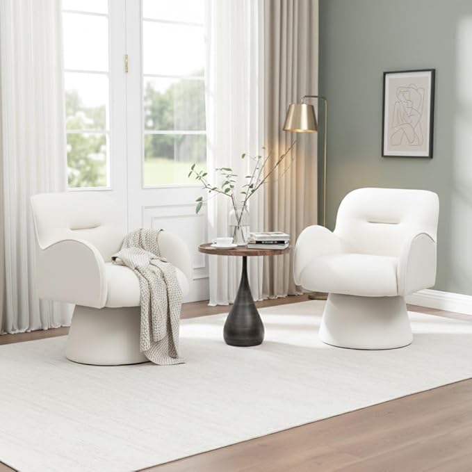 Swivel Chair with Armrest Modern Velvet Barrel Chairs with Curve Back Soft Cushion Comfy Accent Round Armchair Single Sofa for Living Room Bedroom White