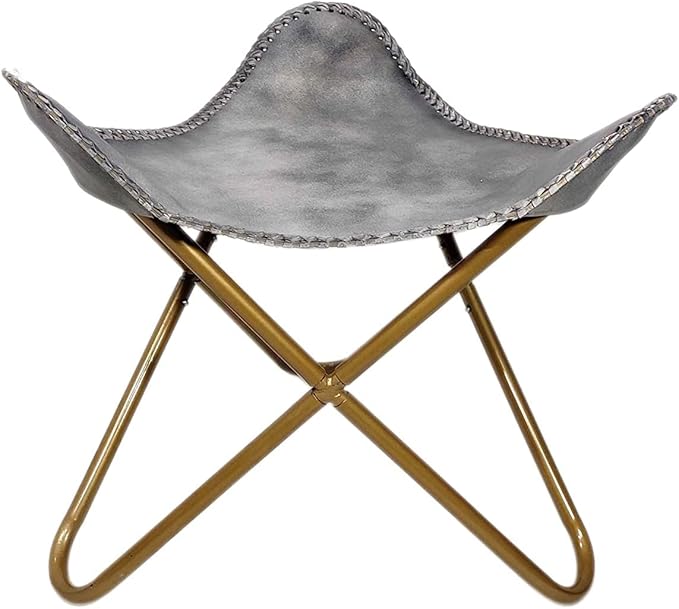 PLW Handmade Gray Leather Butterfly Chair with Ottoman – Folding Lounge Chair Set with Gold Iron Frame Vintage Accent Seating for Living Room Bedroom or Office