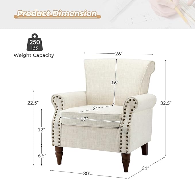 HULALA HOME Accent Chair with Wood Legs &amp Removable Cushion Modern Wingback Armchair with Nailhead Trim Comfy Upholstered Lounge Chair Single Sofa Chairs for Living Room Bedroom Ivory