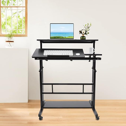 Mobile Stand Up Desk Adjustable Laptop Desk with Wheels Storage Rolling Table Cart for Standing or Sitting for Home Office Workstation Black 31.5 * 11.81