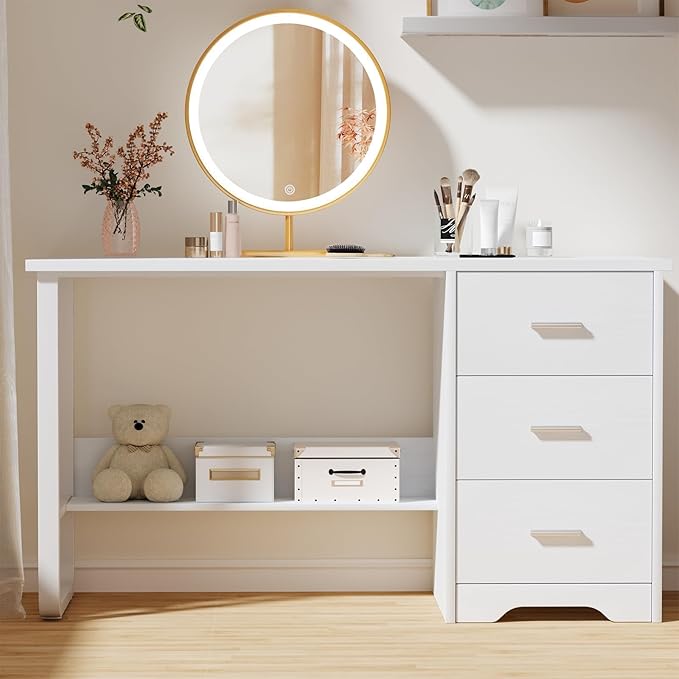White Desk with 3 Drawers 47 Inch Computer Desk with Drawers for Bedroom Small Home Office Desk with File Cabinet Bottom Shelves for Small Spaces