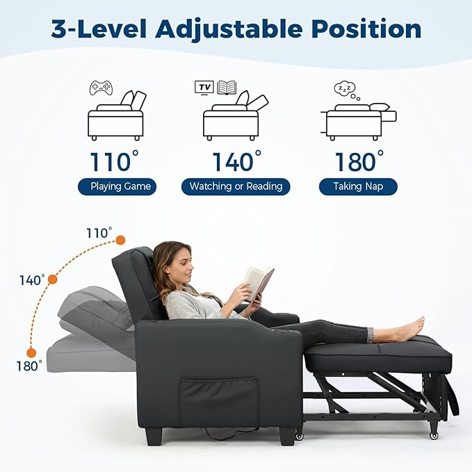 Sleeper Chair Pull Out Bed 4 in 1 Convertible Sofa Chair Bed with Vibration Massage Lumbar Pillow Single Sofa Recliner with USB/Type-C Port Cup Holders and Side Pocket for Small Spaces (Black)