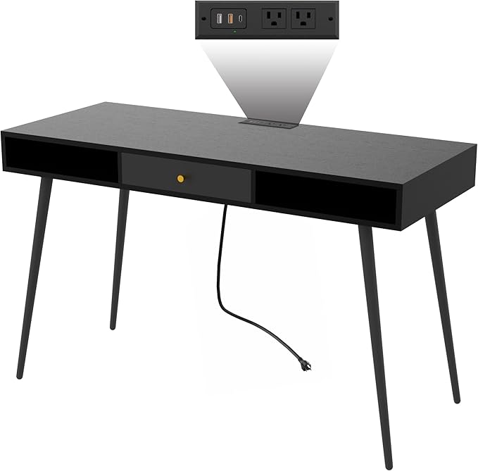 Generic Mid Century Desk with USB Ports and Power Outlet Modern Writing Study Desk with Drawers Multifunctional Home Office Computer Desk Black