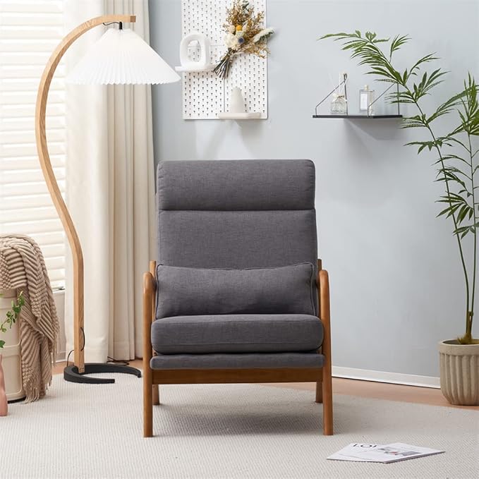 Accent Chair Modern Linen Upholstered Armchair Lounge Chair with Solid Wood Frame and 1 Pillow Comfy Single Sofa Chair Leisure Reading Chair with High Back &amp Armrest for Living Room Bedroom Dark G