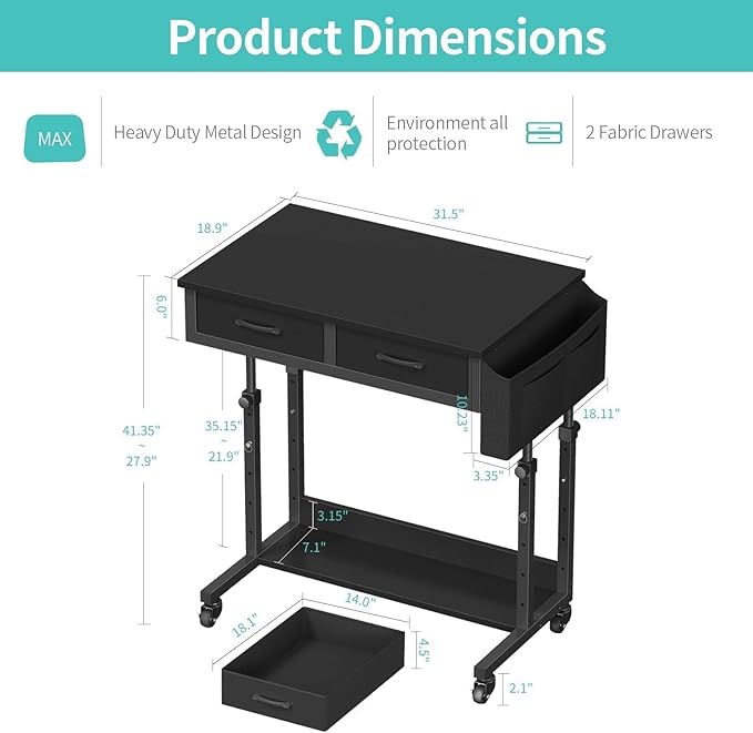 Small Portable Rolling Standing Desk - 32 Inch Adjustable Mobile Stand Up Gaming Desks with 2 Fabric Drawers on Wheels Couch Sofa Side Laptop Table with Storage for Home Office Black