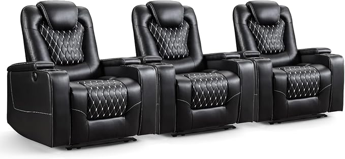 ANJ Power Recliner Chair Set of 3 Electric Soft Faux Leather Reclining Home Faux Theater Seating - USB Ports Cup Holders Hidden Arm Storage Movie &amp Media Room Chairs (Black)