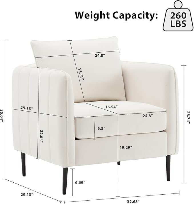 Modern Velvet Accent Chair Single Sofa Chairs Armchair with Square Arm Upholstered Accent Chairs for Living Room Bedroom Apartment (Beige Chair)