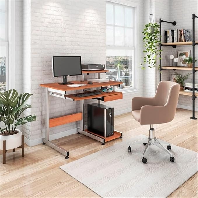 Pemberly Row Contemporary Wood/Steel Computer Desk 38 W x 22 D x 30 H Mahogany Finish MDF and Steel Construction Pull-Out Keyboard Tray Printer and Scanner Shelves Home Office Desk