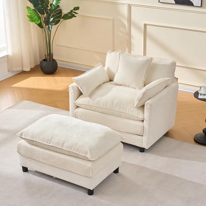 39.4 Modern Accent Chair with Ottoman Living Room Club Chair Chenille Upholstered Armchair Reading Chair for Bedroom (Beige + Fabric + Plastic + Steel + Wood + Foam + 1 Seat)