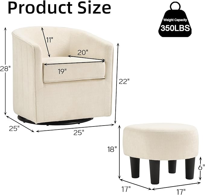 CANMOV Swivel Accent Chair for Multi-Scene Use 360 Degree Club Chair with Ottoman Set Comfy Fabric Barrel Reading Chairs with Simple Line Design for Living Room Bedroom Round Reading Chair Beige