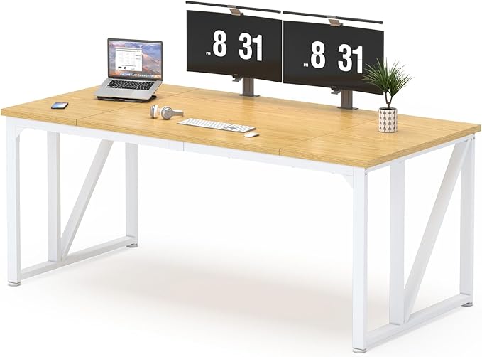 70 Computer Desks Large Wooden Home Office Desk with Thicker Tabletop and Metal Frame Writing Work Computer Study Table Desk for Home and Office Easy Assembly (Natural + White Metal Frame)